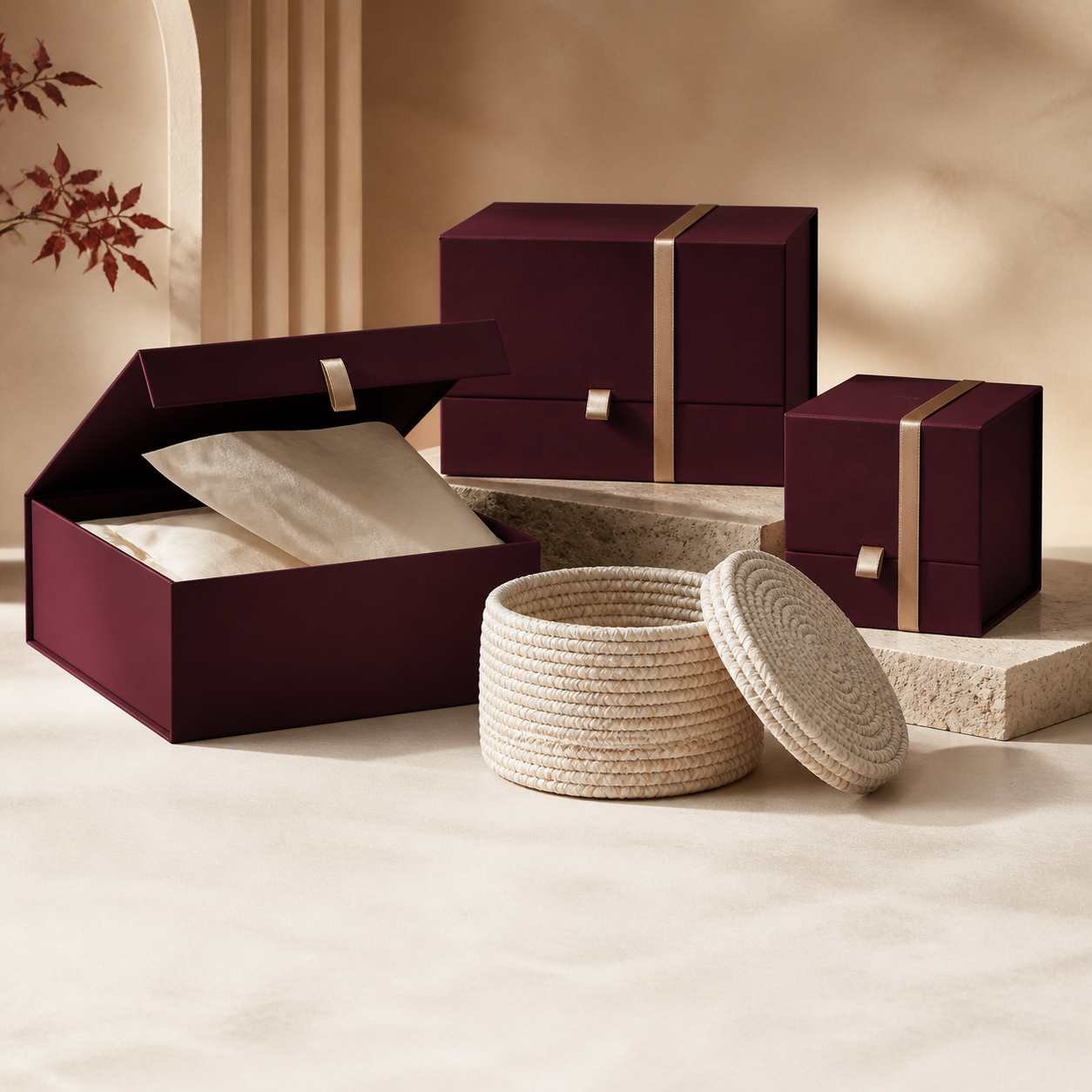Wraptura burgundy gift boxes and woven presentation baskets in three signature sizes