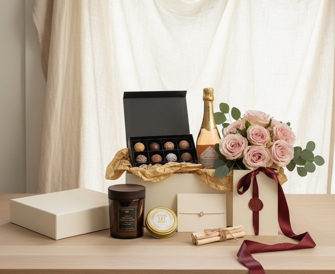 Concept rendering of a Wraptura celebration edit with candle, artisan truffles, sparkling non-alcoholic rosé, tea, a gold bracelet, and blush roses
