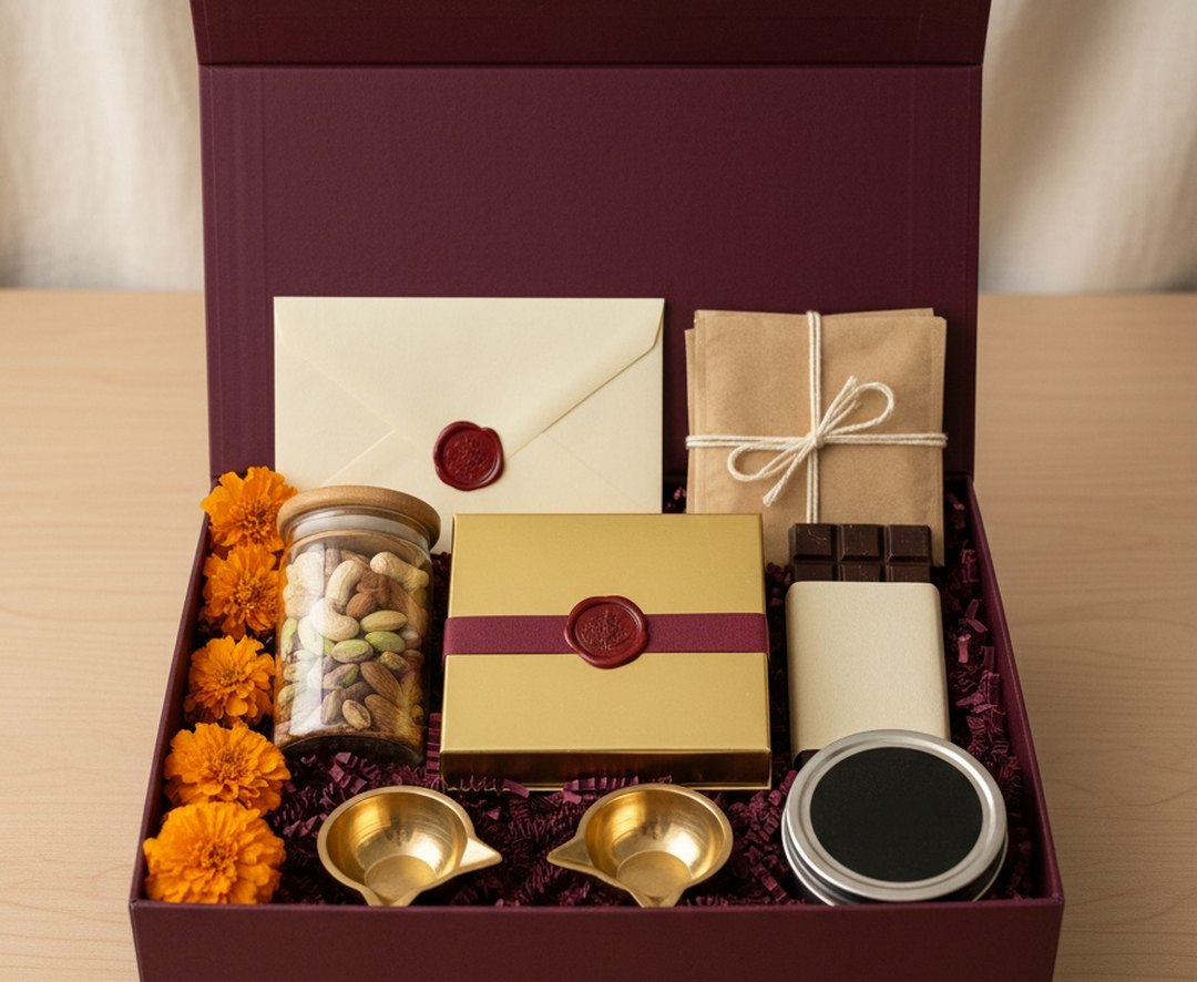 Concept rendering of the Wraptura Diwali Edit: brass diyas, a banded gold box of mithai, jarred dry fruit, saffron, chai and marigolds in a burgundy box