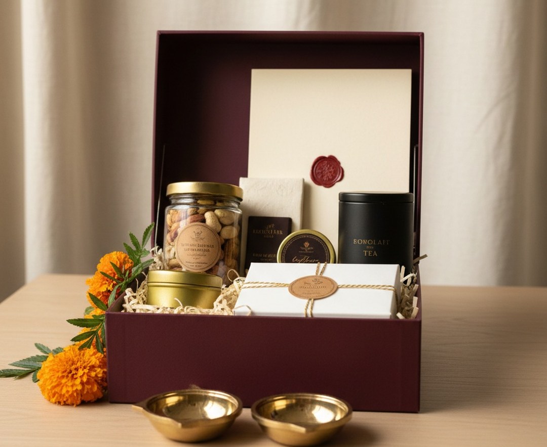 Concept rendering of a Wraptura Diwali edit with brass diyas, mithai, dry fruit, saffron, chai, and marigolds