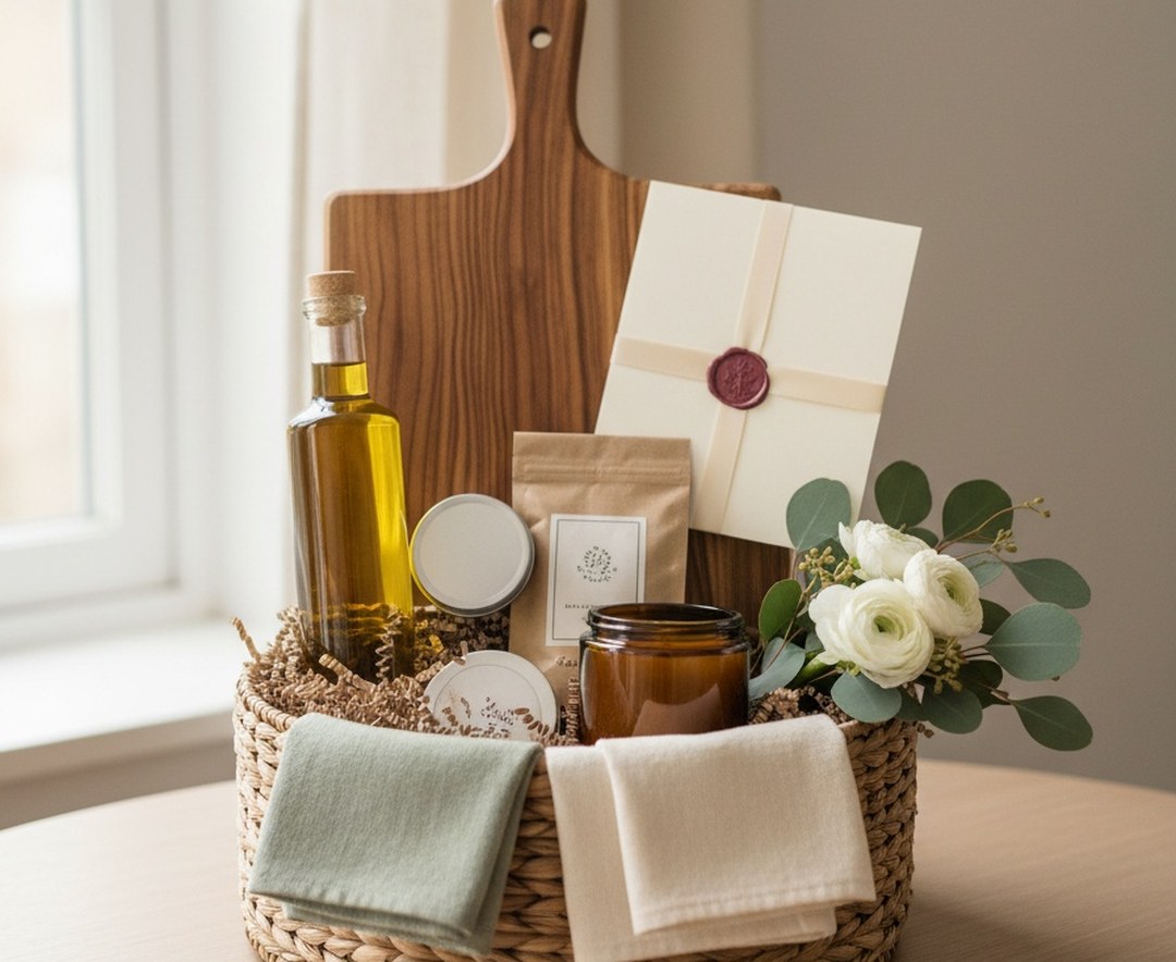 Concept rendering of a Wraptura new-home basket with acacia board, olive oil, coffee, candle, linen towels, and florals