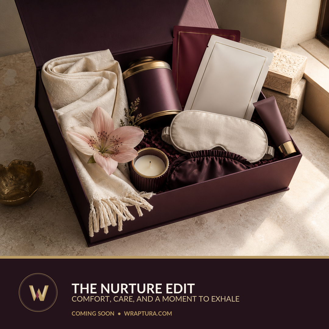 A burgundy Wraptura nurture gift box with tea, candle, soft textile, and self-care items