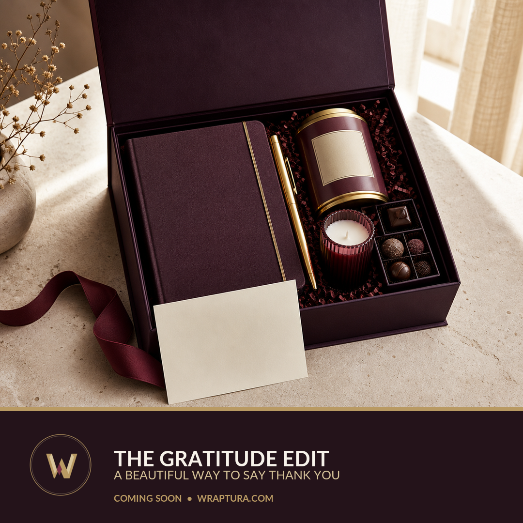 A burgundy Wraptura gratitude gift box with journal, pen, chocolates, candle, and tea